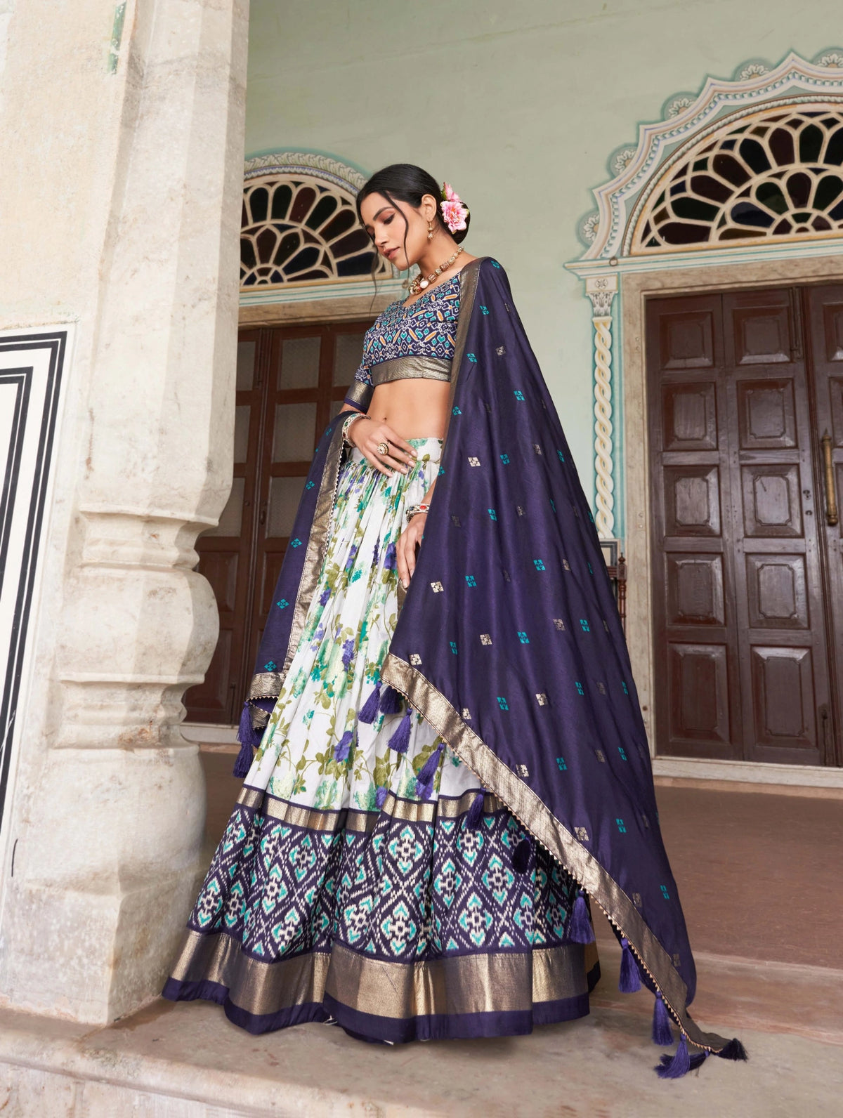 Navy Blue Floral Lehenga side view patola border – KL182 Kalyanja