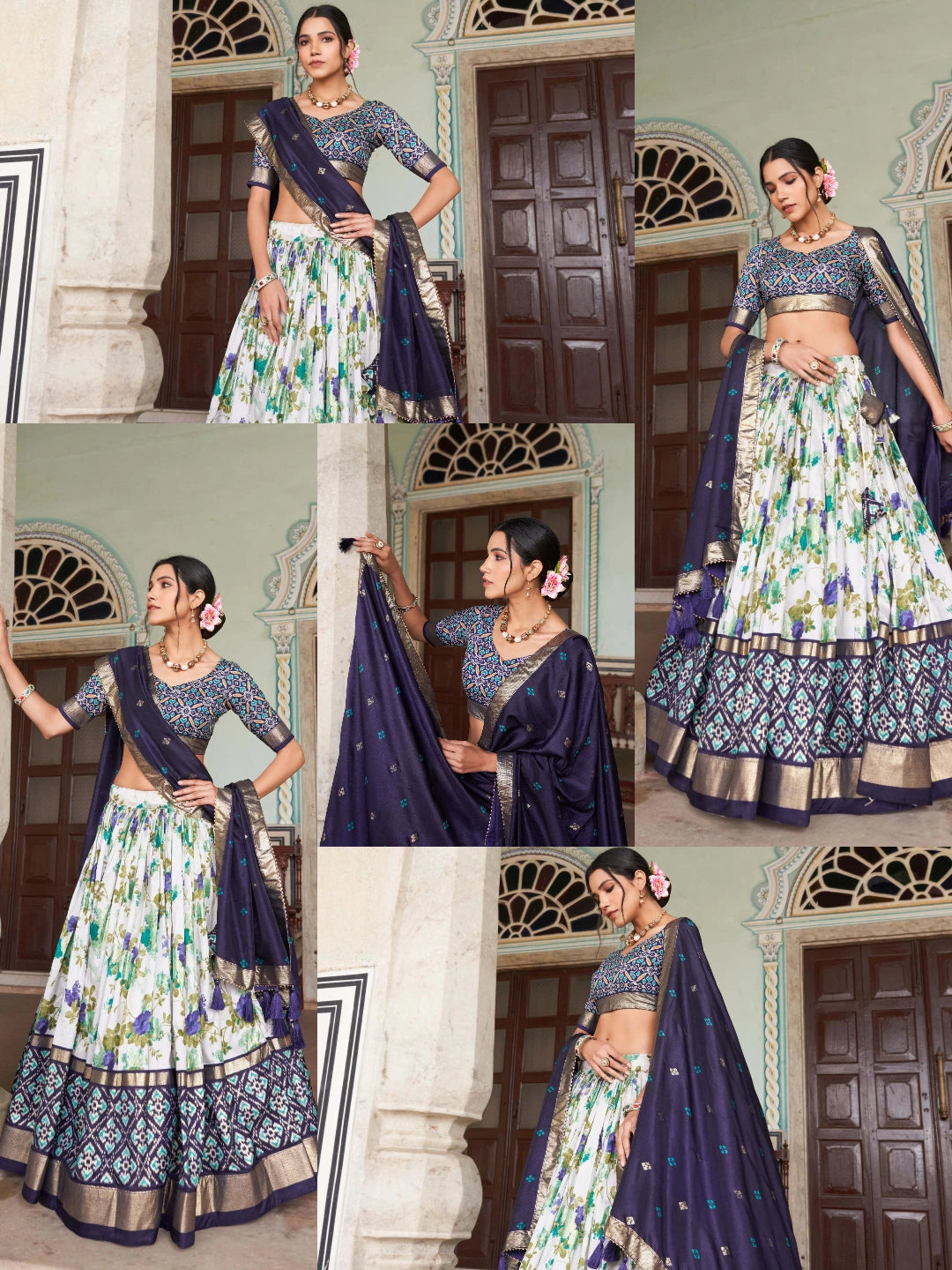 Navy Blue Floral Print Lehenga collage multiple views – KL182 Kalyanja
