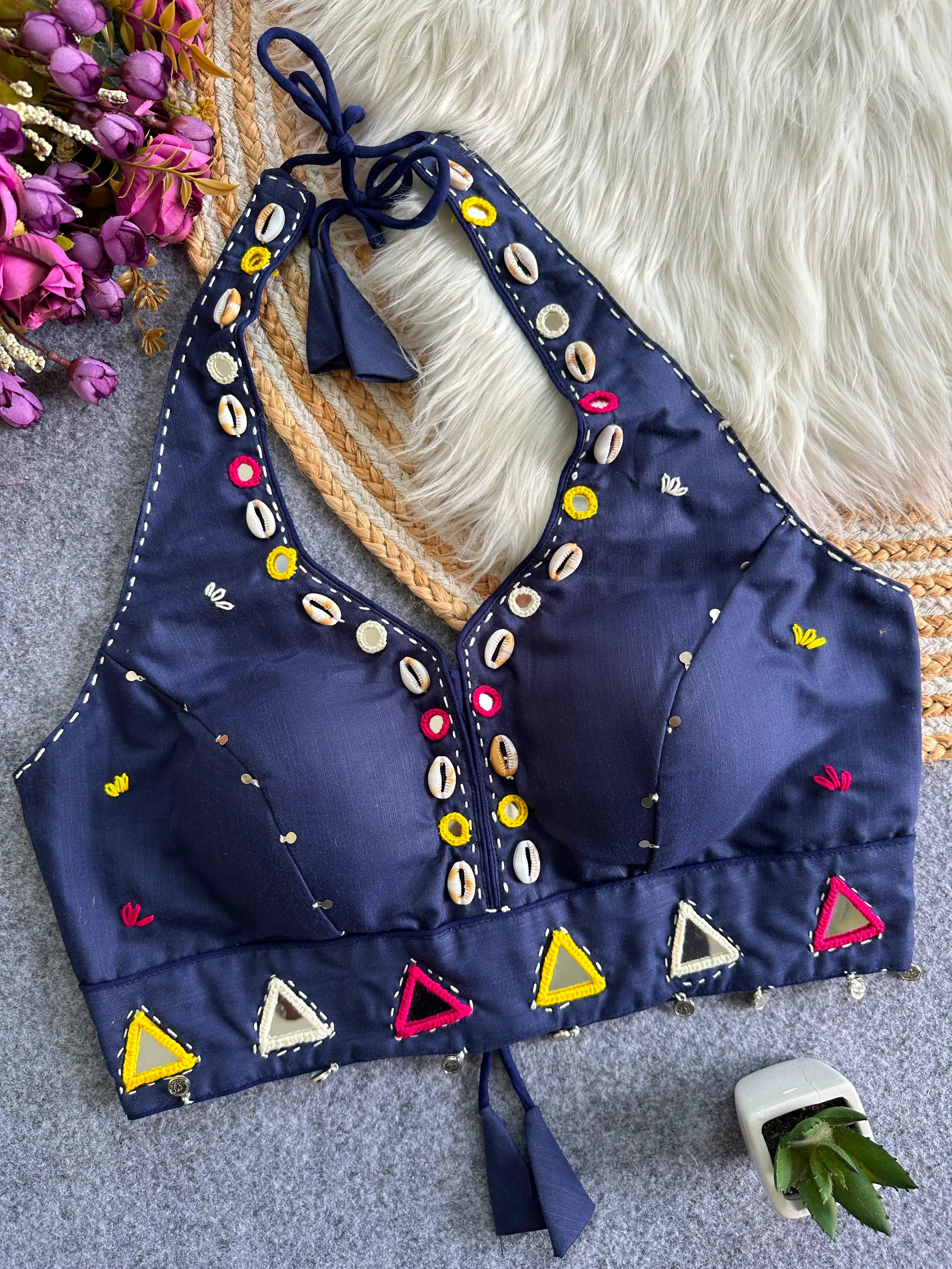 Navy Blue Handwork Mirror Work Blouse front view – V-neck cowrie shells mirrors KB43 Kalyanja