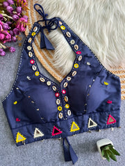Navy Blue Handwork Mirror Work Blouse front view – V-neck cowrie shells mirrors KB43 Kalyanja