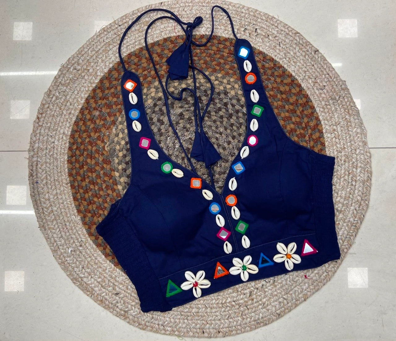 Navy Blue Kodi with Mirror Work Blouse – Kalyanja KB48