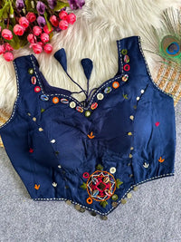 Navy Blue Multi Thread Mirror Work Blouse – Cotton Blend Festival Wear