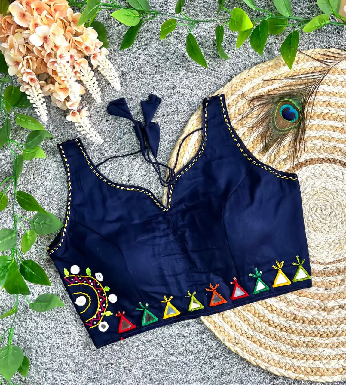 Navy Blue Cotton Blend Multi Thread Mirror Work Blouse – Flat Lay