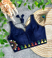Navy Blue Multi Thread Mirror Work Blouse – Cotton Blend, V-Neck, Sleeveless