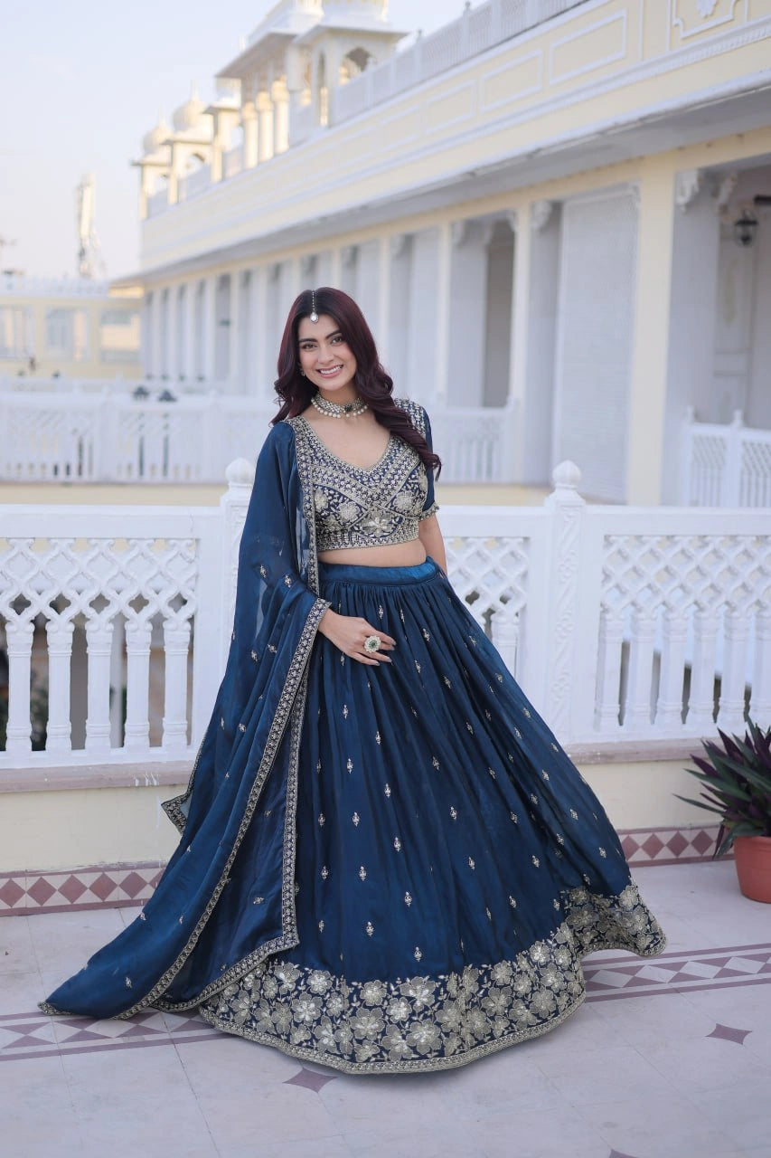 Navy Blue Pipe Beads Zari Embroidered Lehenga Full Front Smiling – KL203 – Kalyanja