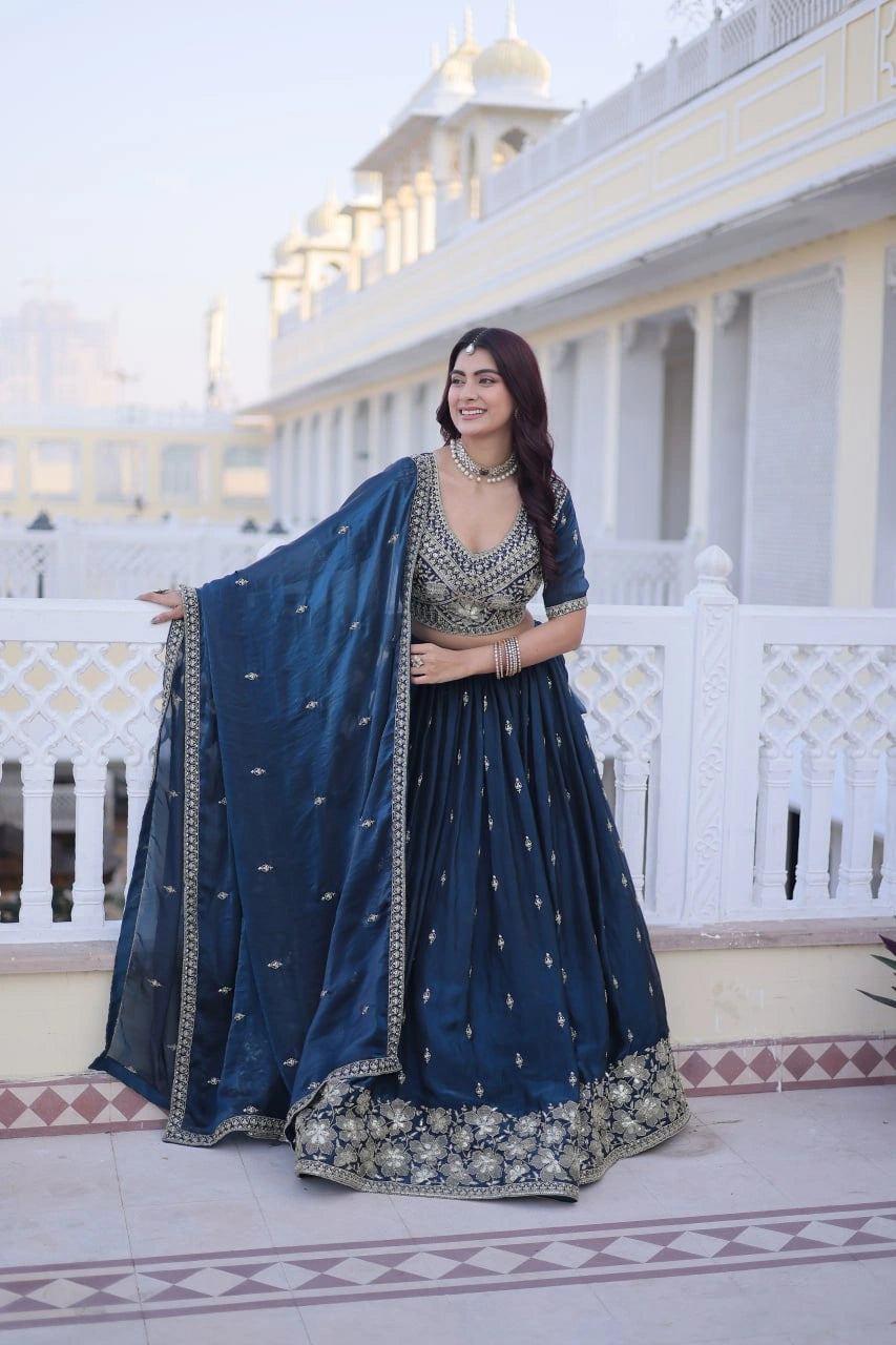 Navy Blue Fendy Silk Lehenga Dupatta Flowing Full Length – KL203 – Kalyanja