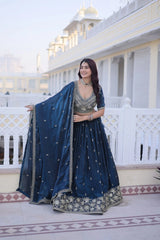 Navy Blue Fendy Silk Lehenga Dupatta Flowing Full Length – KL203 – Kalyanja