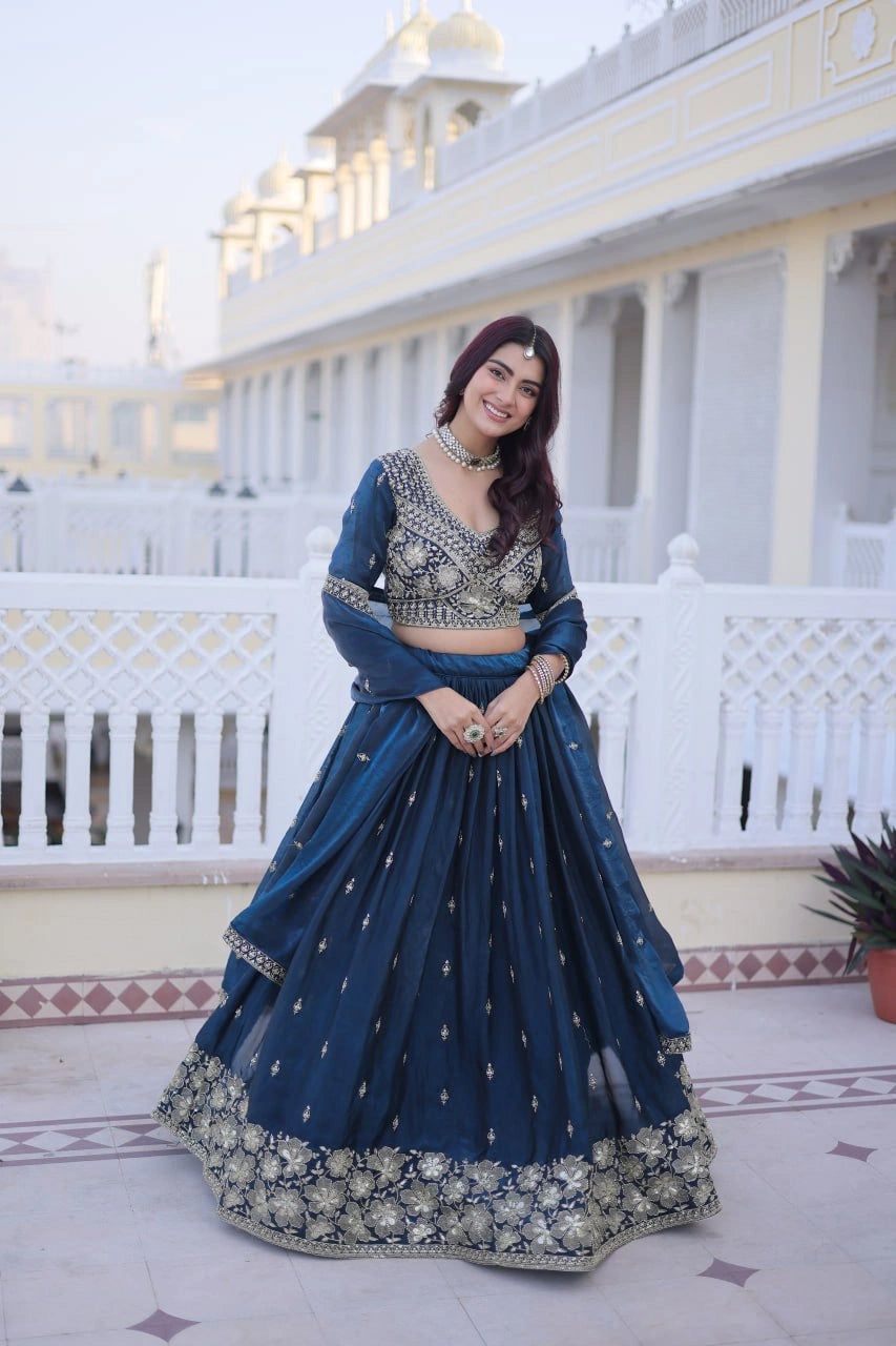 Navy Blue Zari Embroidered Lehenga Full Length Smiling Front – KL203 – Kalyanja