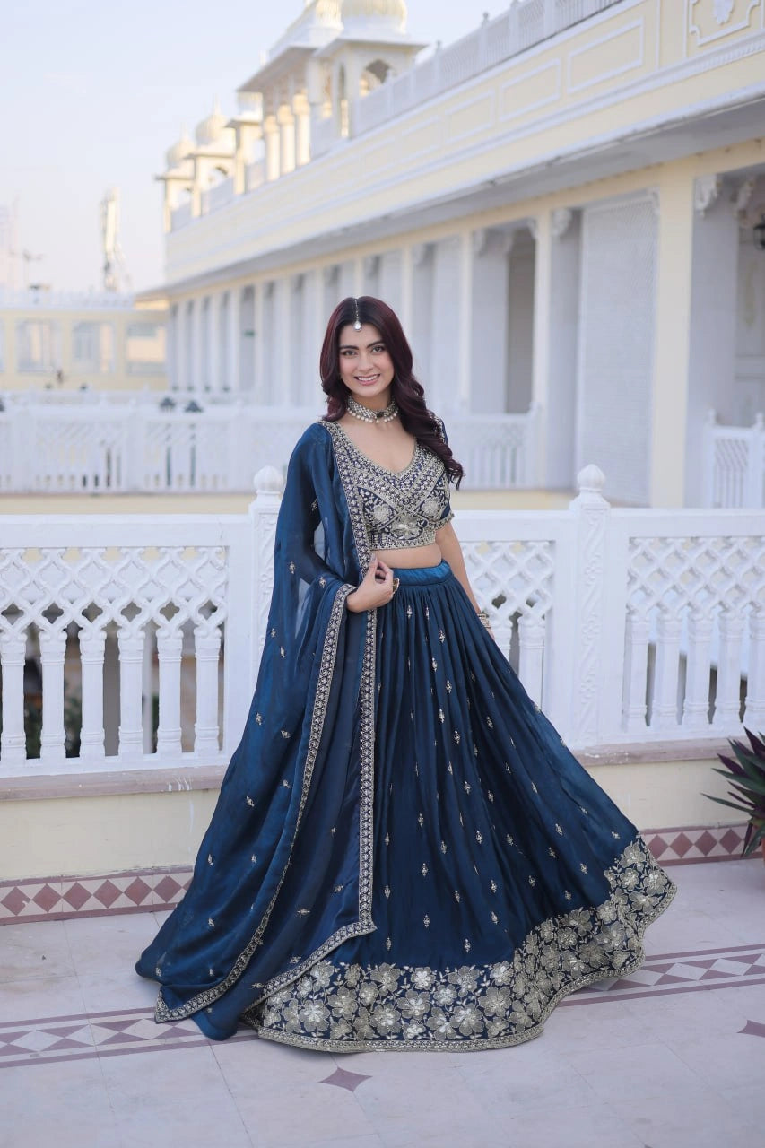 Navy Blue Embroidered Lehenga Another Model Front View – KL203 – Kalyanja