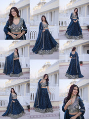 Navy Blue Pipe Beads Zari Lehenga All Angles Collage – KL203 – Kalyanja
