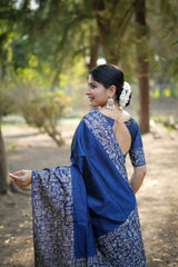 Navy Blue Gala Border Pattern Raw Silk Saree - kalyanja