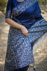 Navy Blue Gala Border Pattern Raw Silk Saree - kalyanja