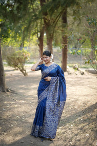 Navy Blue Gala Border Pattern Raw Silk Saree