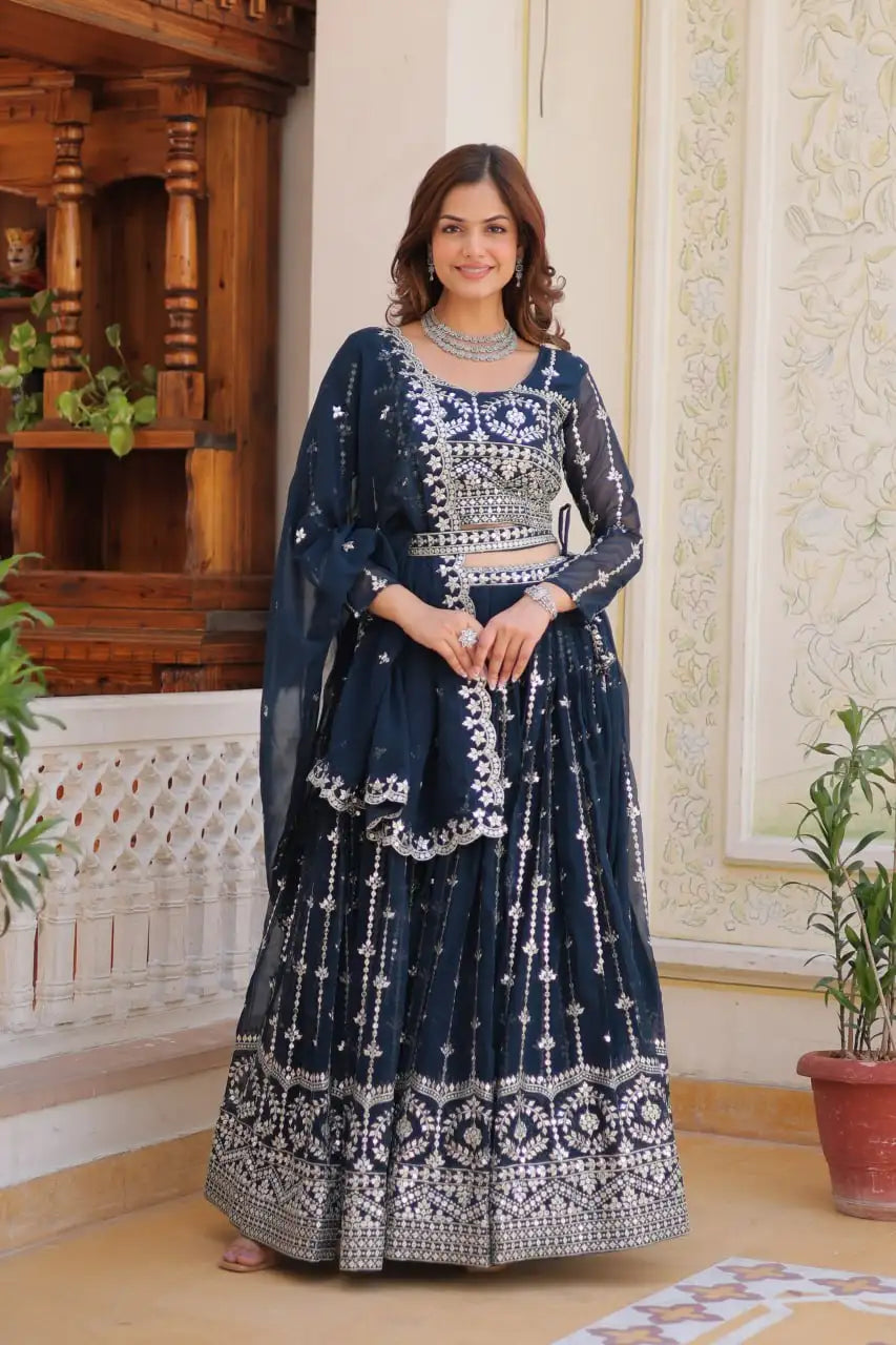 Navy Blue Sequins Embroidered Lehenga Faux Georgette Kalyanja KL168 2