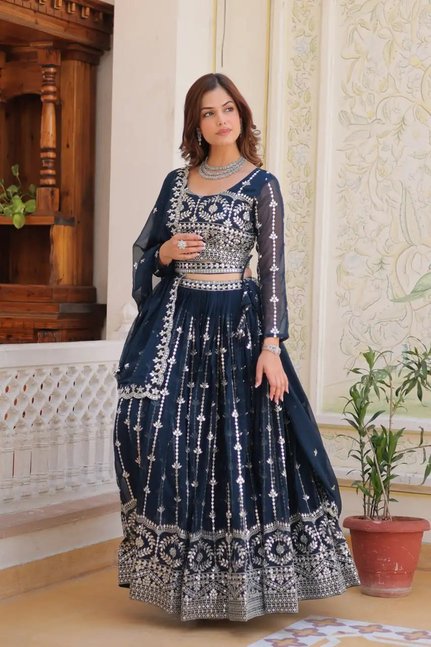 Navy Blue Sequins Embroidered Lehenga Faux Georgette Kalyanja KL168 3