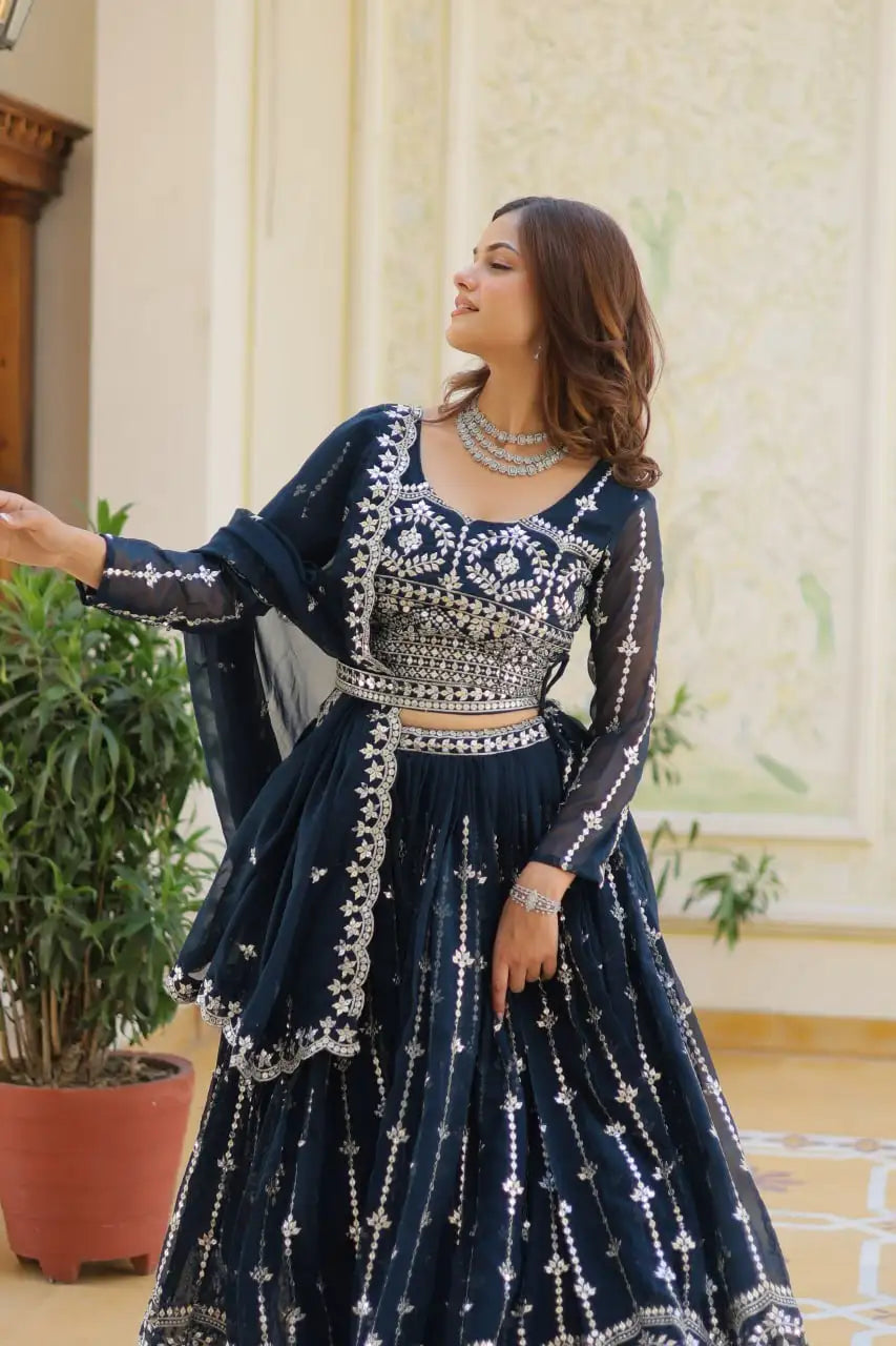 Navy Blue Sequins Embroidered Lehenga Faux Georgette Kalyanja KL168 4