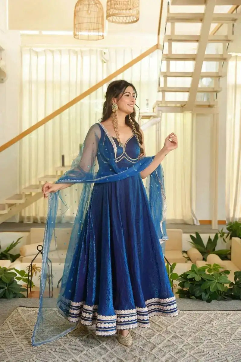 Navy Blue Sequins With Lace Work Anarkali Suit Full Front Model View – KU260