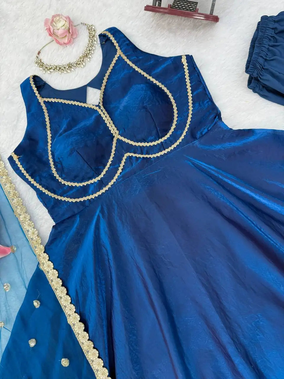 Navy Blue Suit Lace Work Hem Detail Flat Lay – KU260