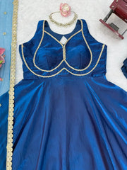 Navy Blue Anarkali Suit Flat Lay Sequins Dupatta Detail – KU260
