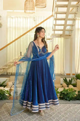 Navy Blue Sequins With Lace Work Anarkali Suit Full Front Model View – KU260