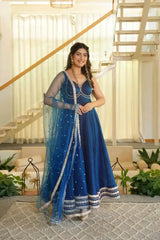 Navy Blue Sleeveless Anarkali Suit with Dupatta Model Shot – KU260