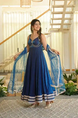 Navy Blue Anarkali Pant Suit Fendy Silk Blend Front View – KU260