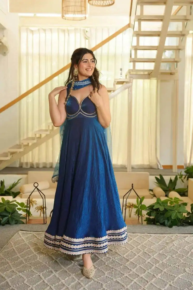 Navy Blue Sequins Suit V-Neck Model Shot with Dupatta – KU260