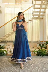 Navy Blue Sequins Suit V-Neck Model Shot with Dupatta – KU260