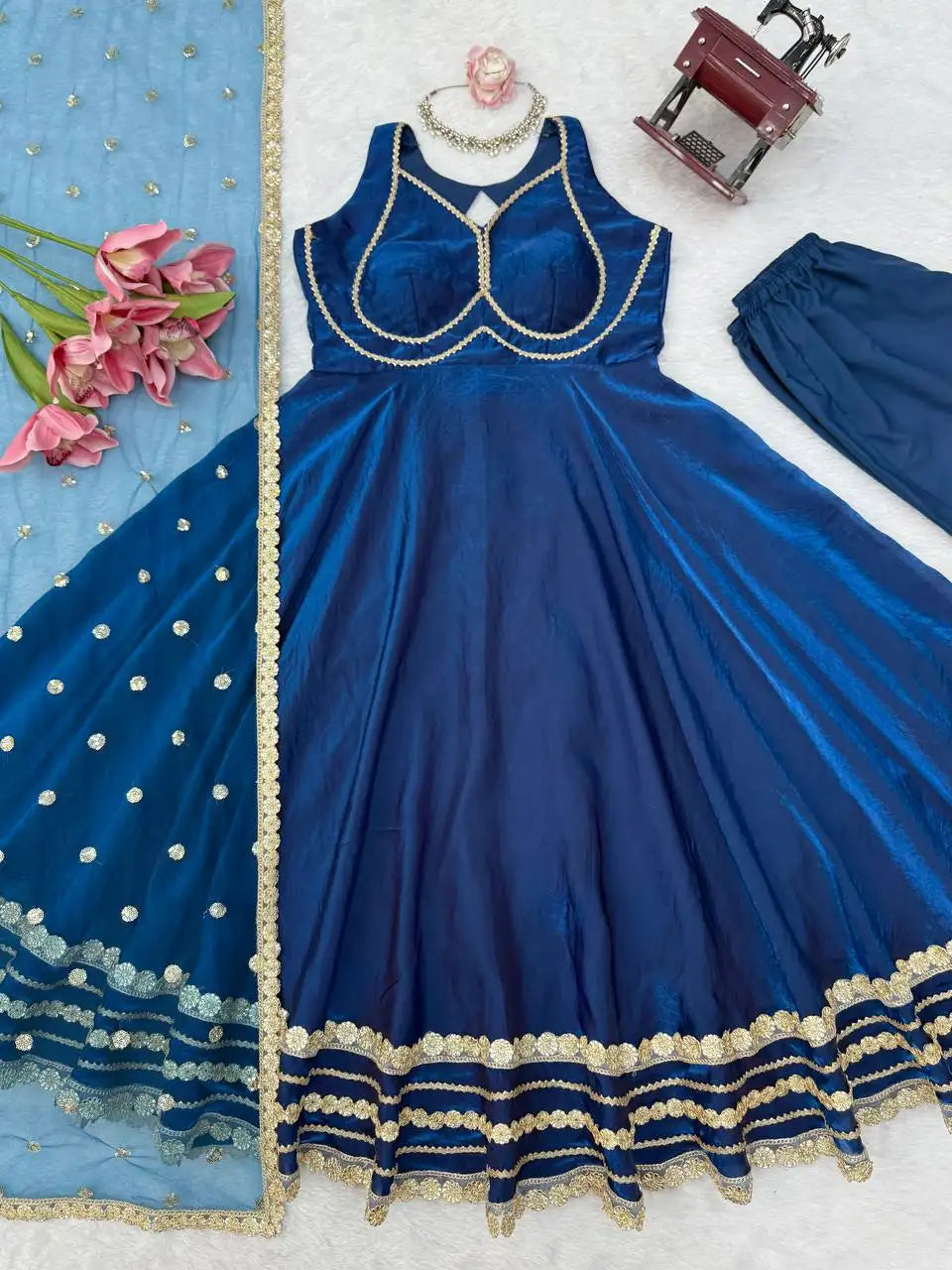Navy Blue Sequins Suit Flat Lay All 3 Pieces Suit Pant Dupatta – KU260