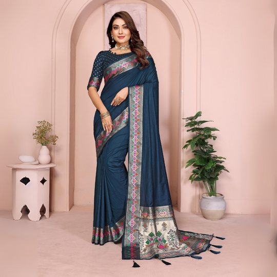 Sea Blue Zari & Minakari Weaving Paithani Silk Saree