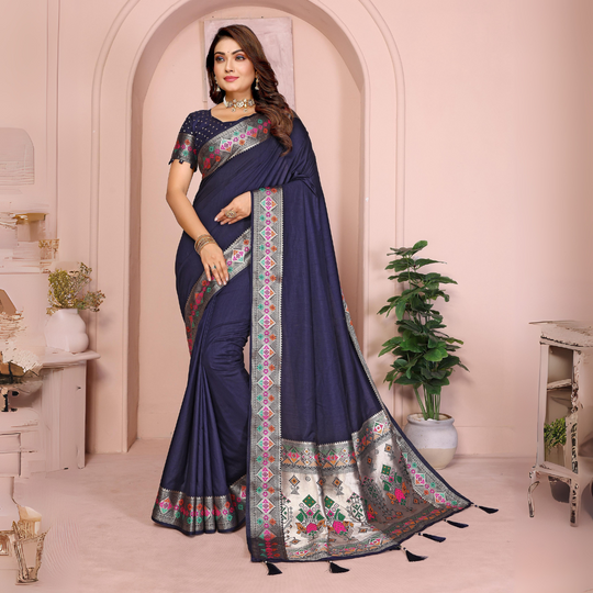 Navy Blue Zari & Minakari Weaving Paithani Silk Saree
