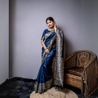 Navy Blue Kalamkari Weaving Raw Silk Saree