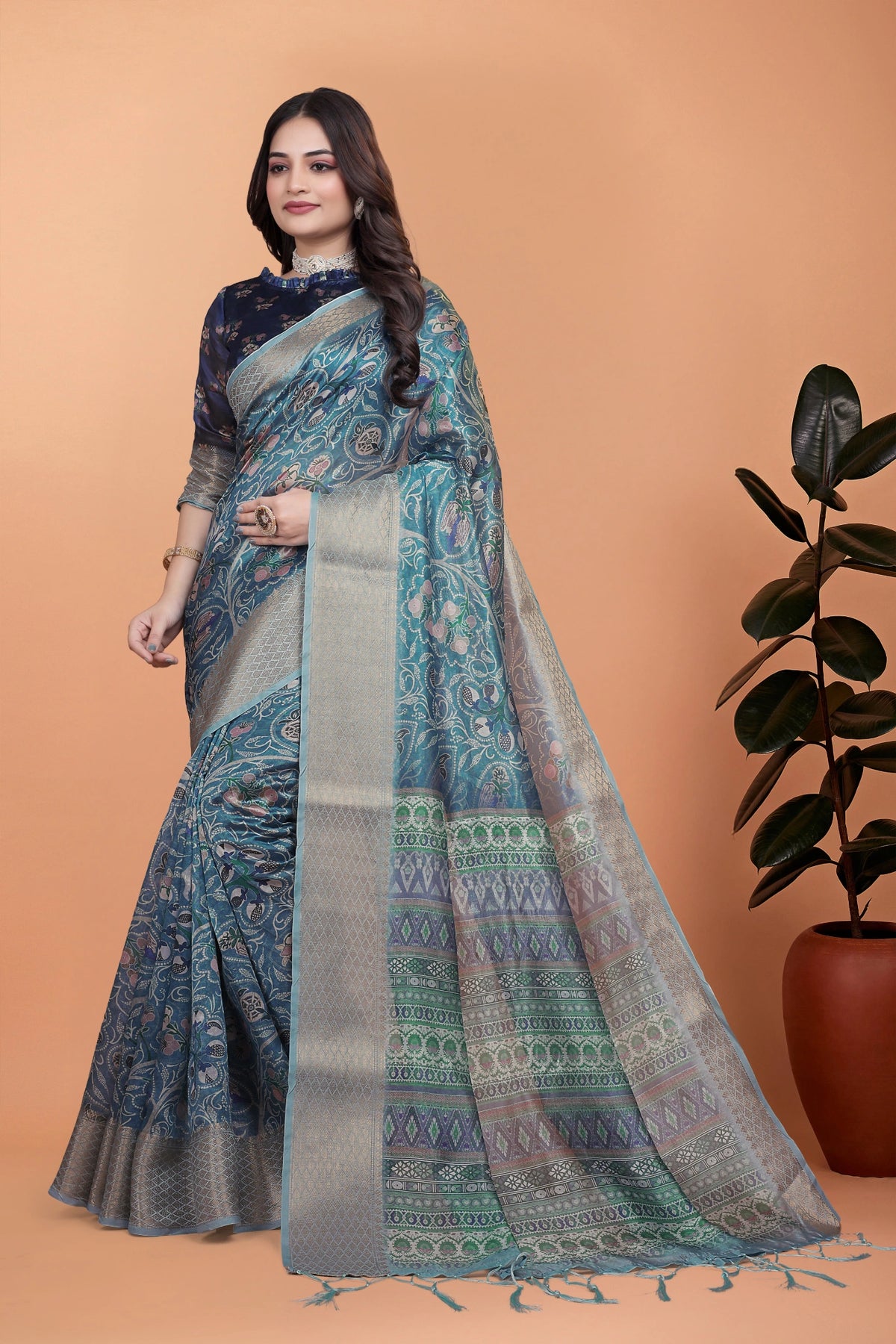 Navy Blue Zari Weaving Saree Front Drape View Kalyanja KS384