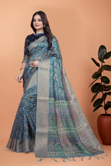 Navy Blue Zari Weaving Saree Front Drape View Kalyanja KS384