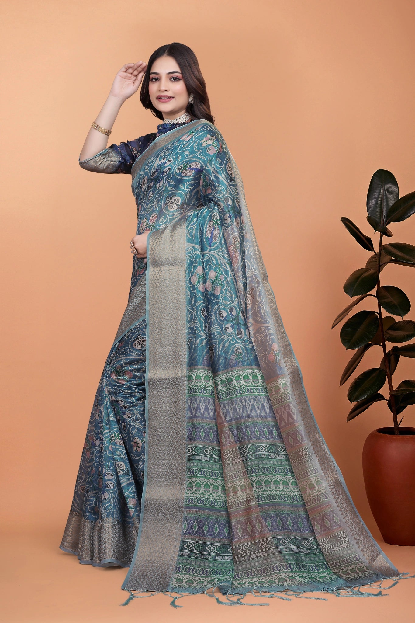 Navy Blue Crystal Saree Full Front with Silver Zari Border Kalyanja KS384