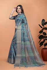Navy Blue Crystal Saree Full Front with Silver Zari Border Kalyanja KS384