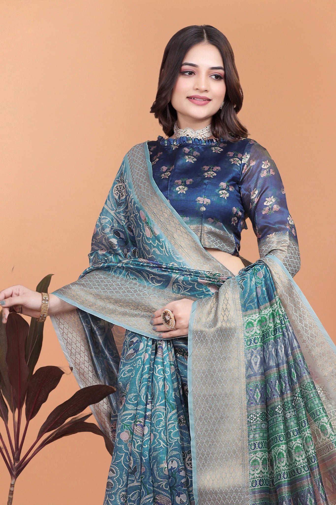 Navy Blue Crystal Saree Upper Body Paisley Print Detail Kalyanja KS384