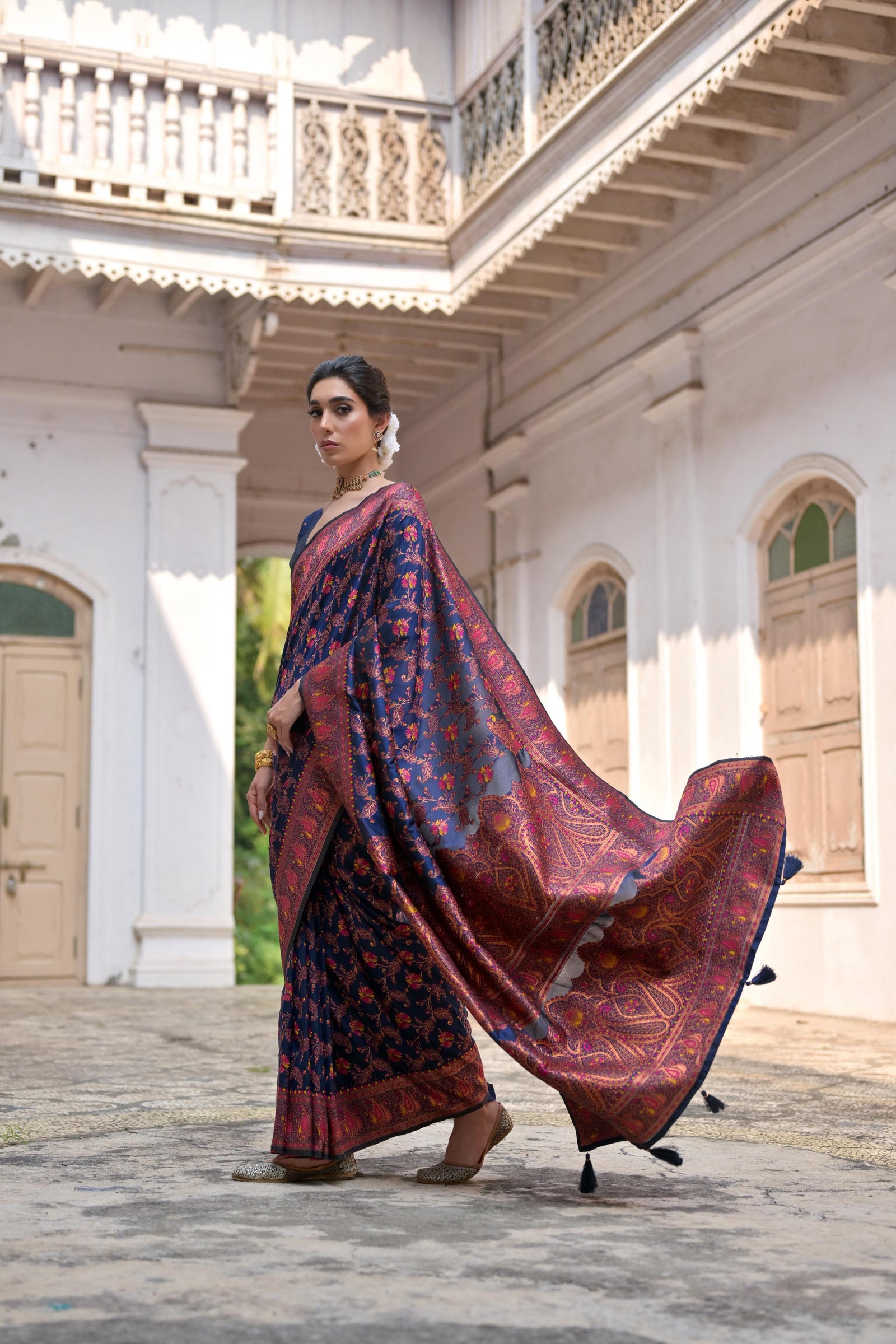 Navy Blue Zari Work Soft Pashmina Silk Saree