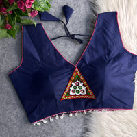 Navy Blue Patch Work Cotton Blouse