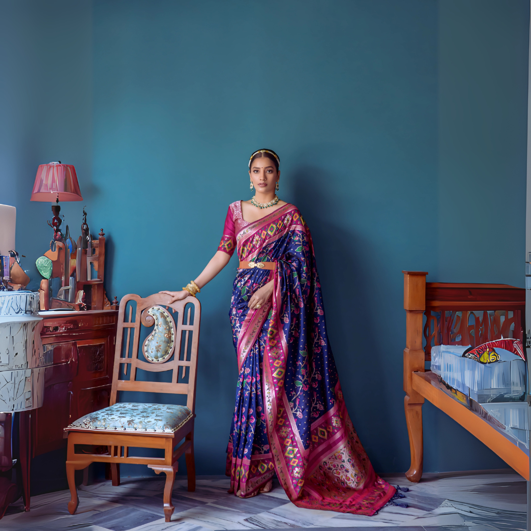 Navy Blue & Dark Pink Zari Weaving Soft Banarasi Silk Saree