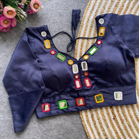 Navy Blue Mirror Work V-Neck Silk Blouse