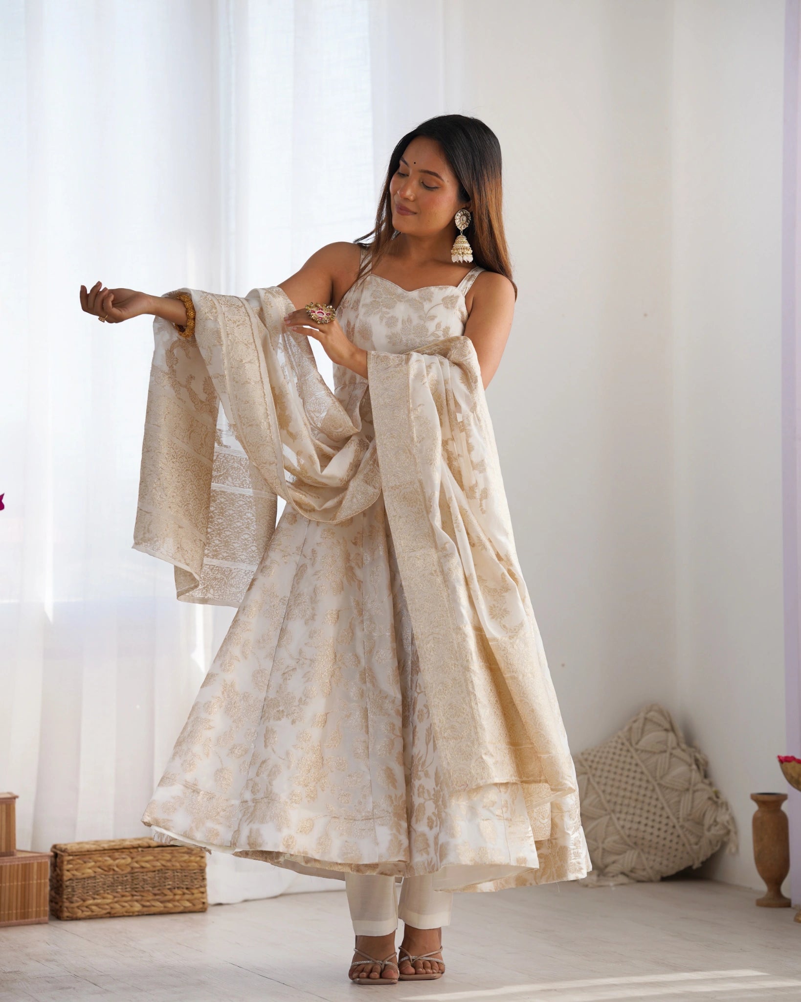 Off White Banarasi Jacquard Anarkali suit with pant and dupatta – front view
