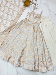 Off White Banarasi jacquard Anarkali suit flat lay with straight pant
