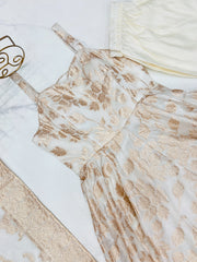 Close-up of Off White Banarasi jacquard weave and sweetheart neckline flat lay