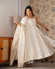 Off White Anarkali suit flare with Banarasi dupatta