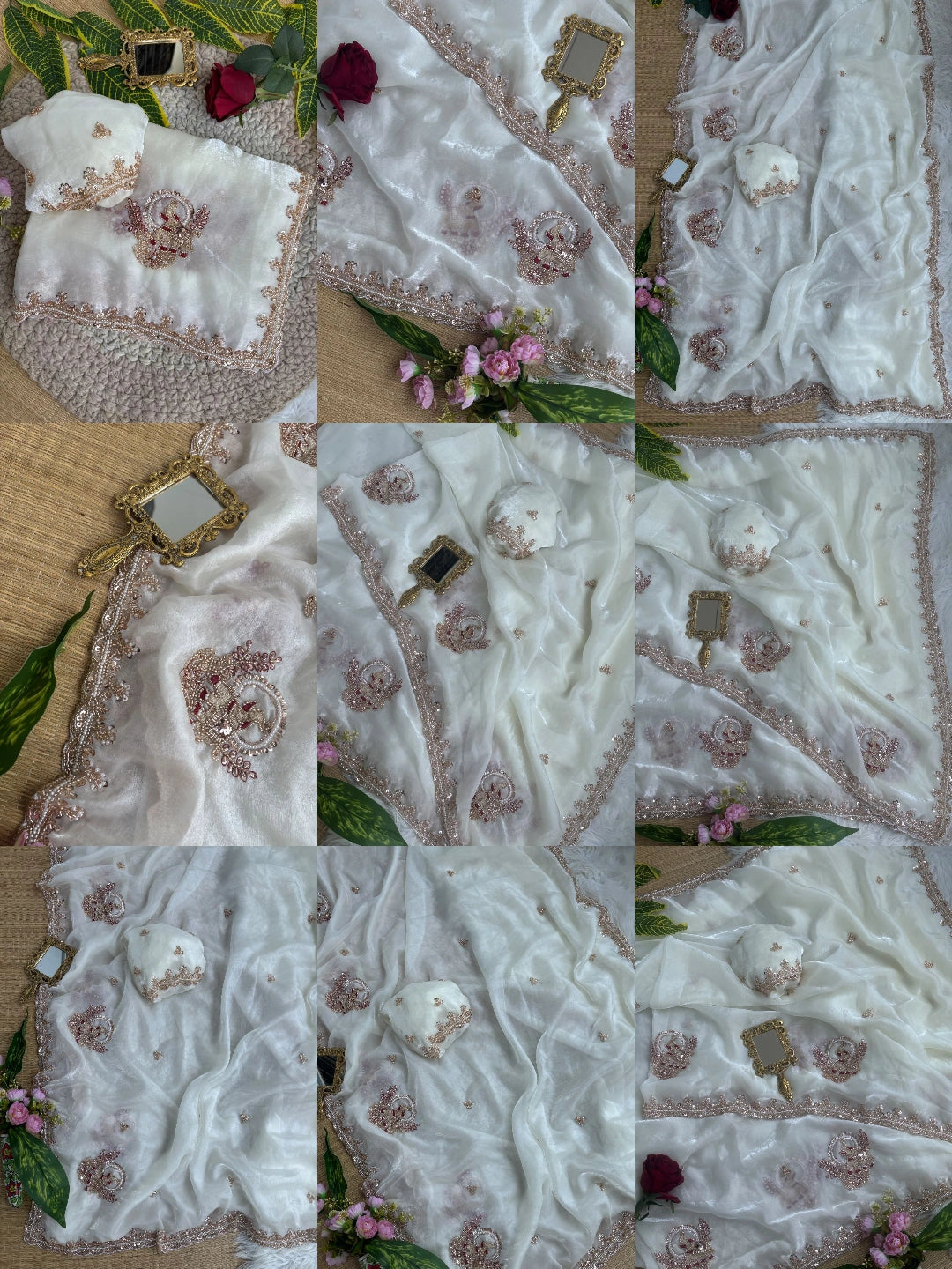 Off White Beads Cutdana Work Saree Fendy Satin KS412 – all views