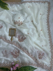 Off White Beads Cutdana Work Saree Fendy Satin KS412 – view 1