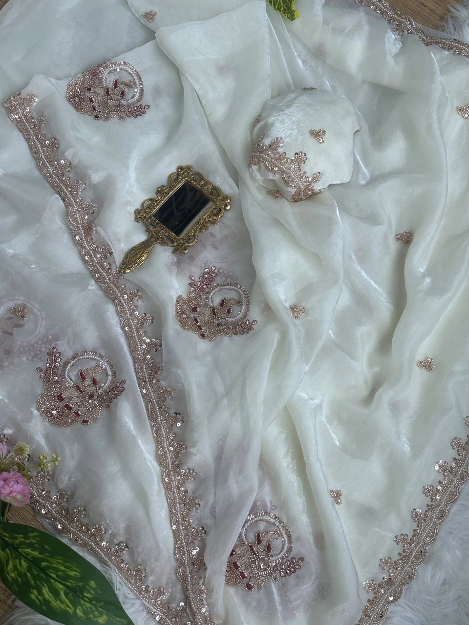 Off White Beads Cutdana Work Saree Fendy Satin KS412 – view 2