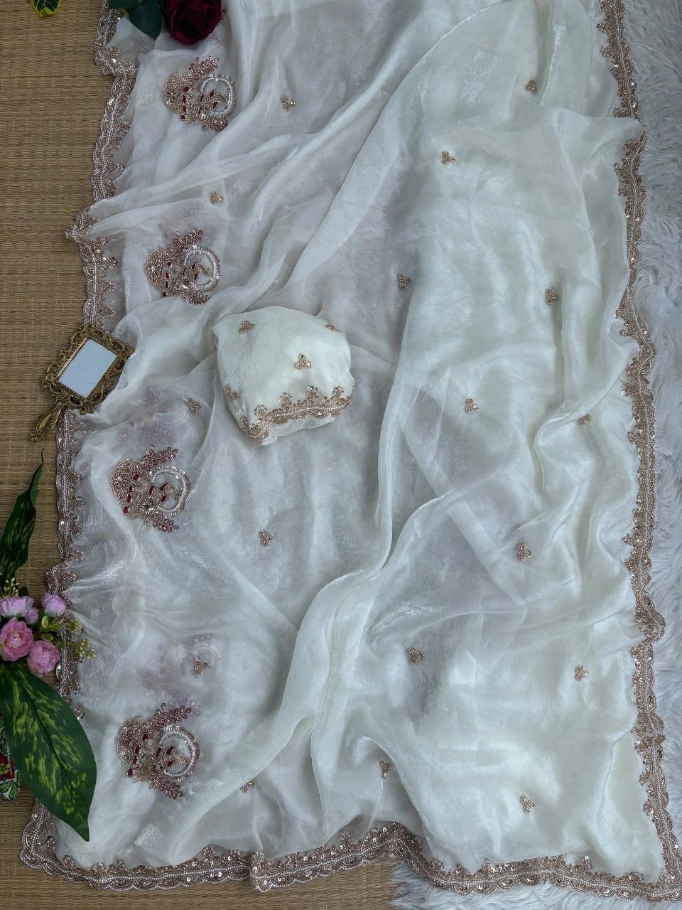 Off White Beads Cutdana Work Saree Fendy Satin KS412 – view 3