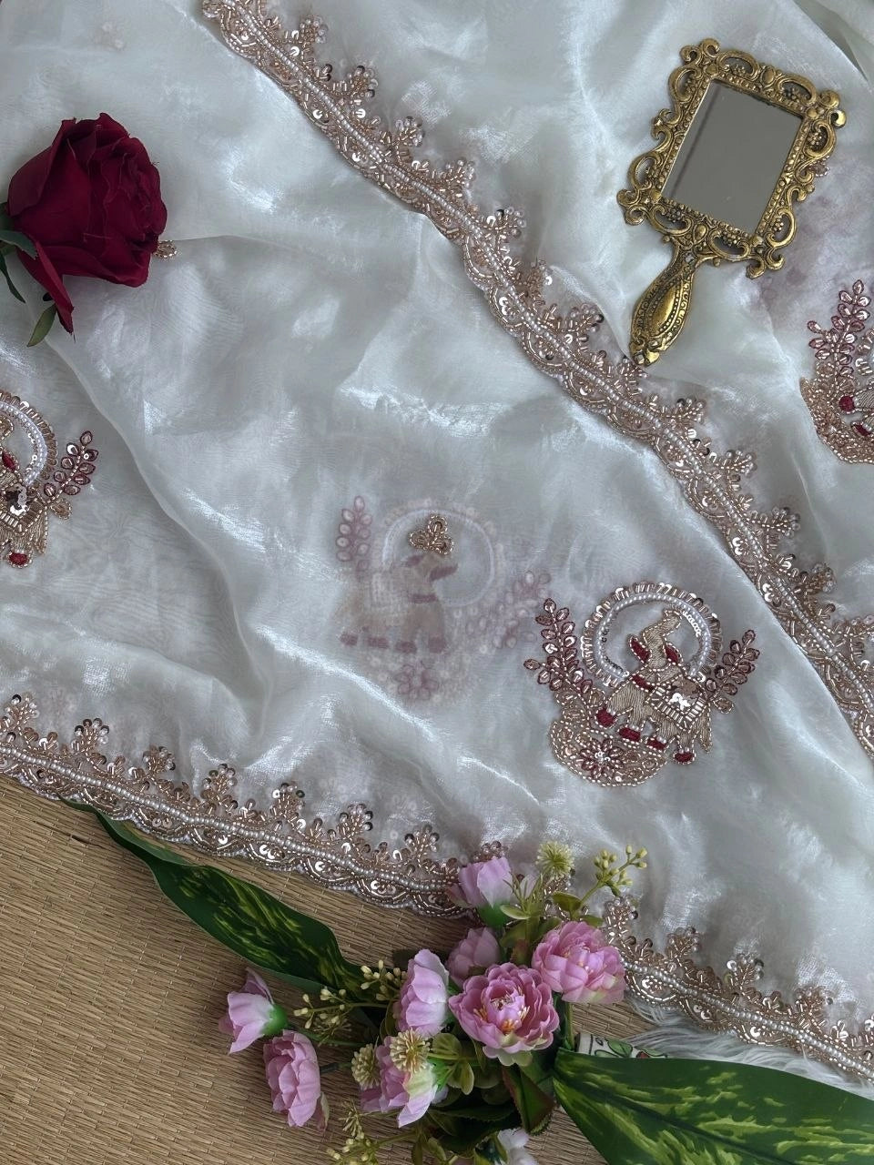Off White Beads Cutdana Work Saree Fendy Satin KS412 – view 6